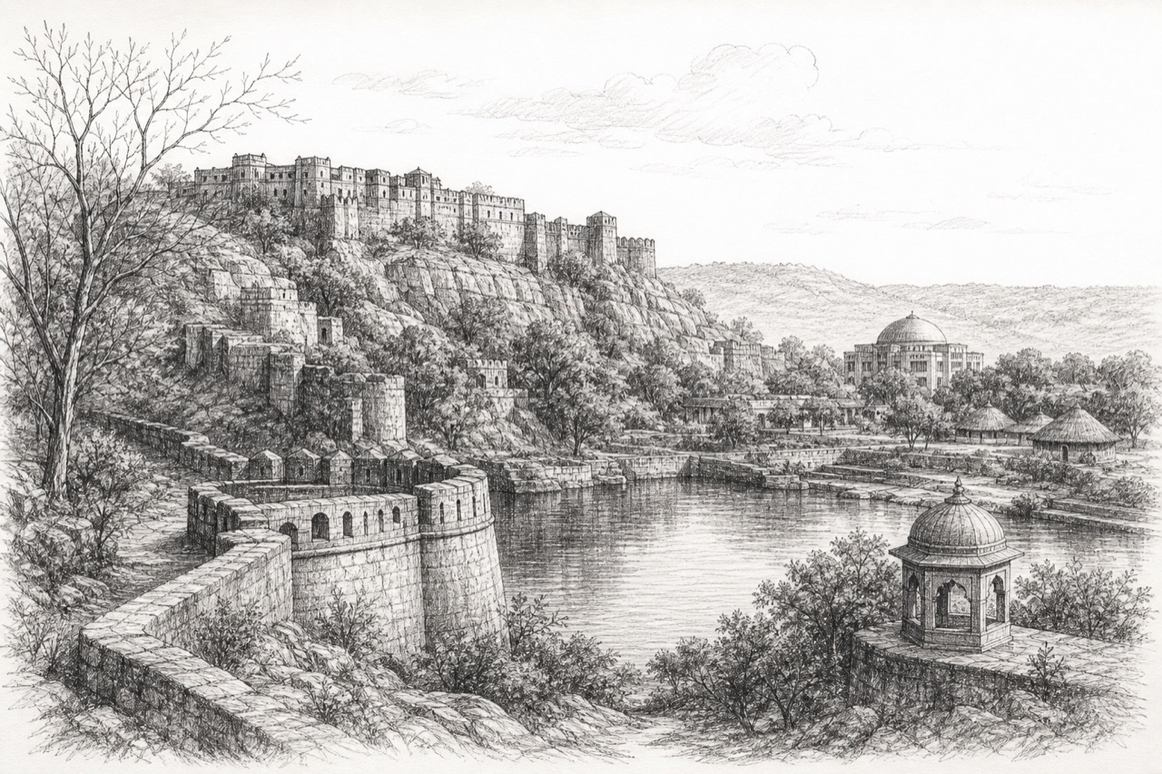Hand-drawn pencil travel sketch for Sawai Madhopur