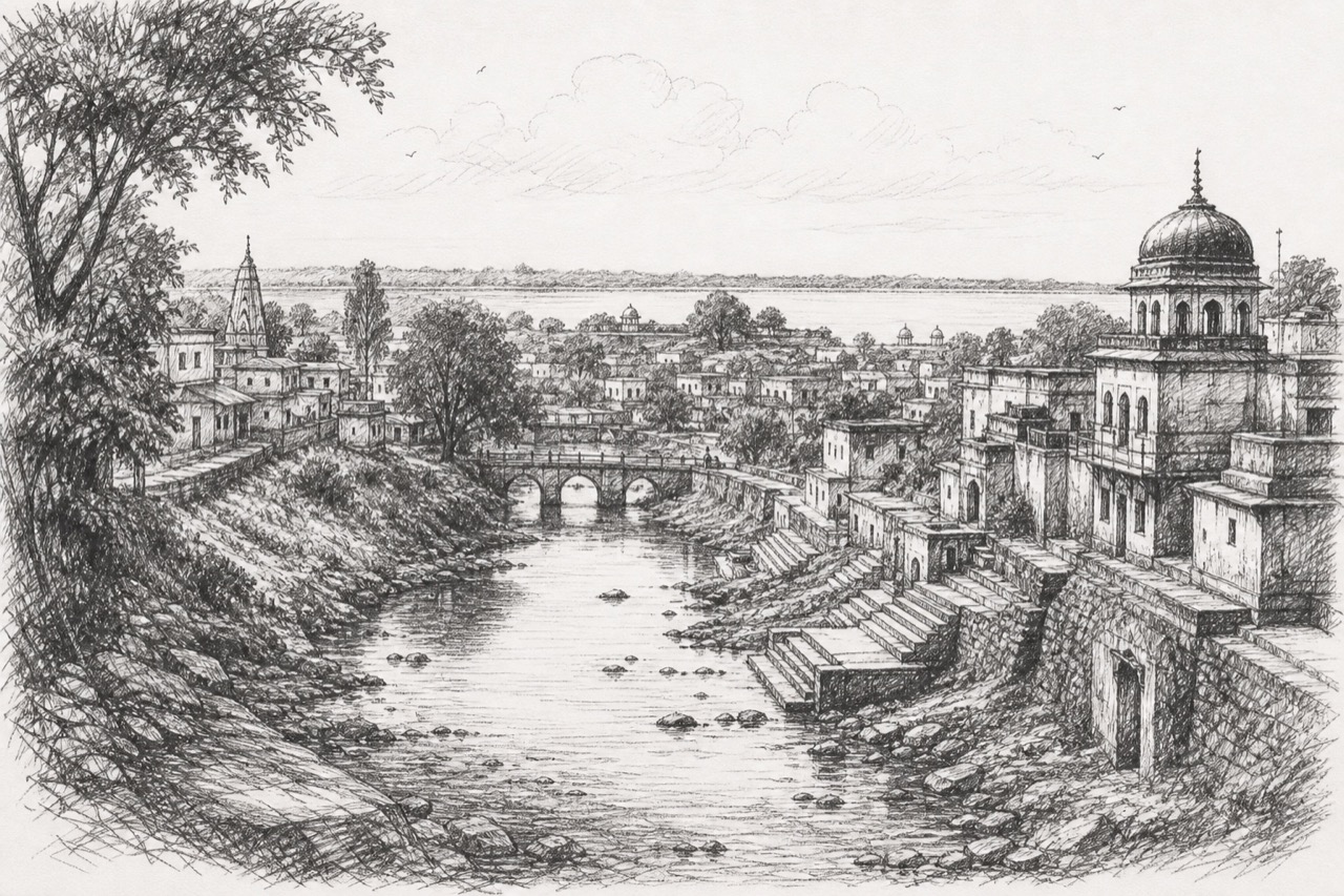 Hand-drawn pencil travel sketch for Seoni