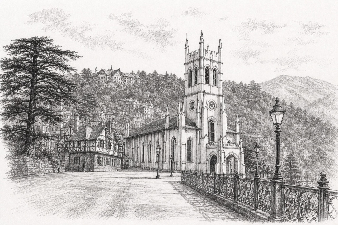 Hand-drawn pencil travel sketch for Shimla