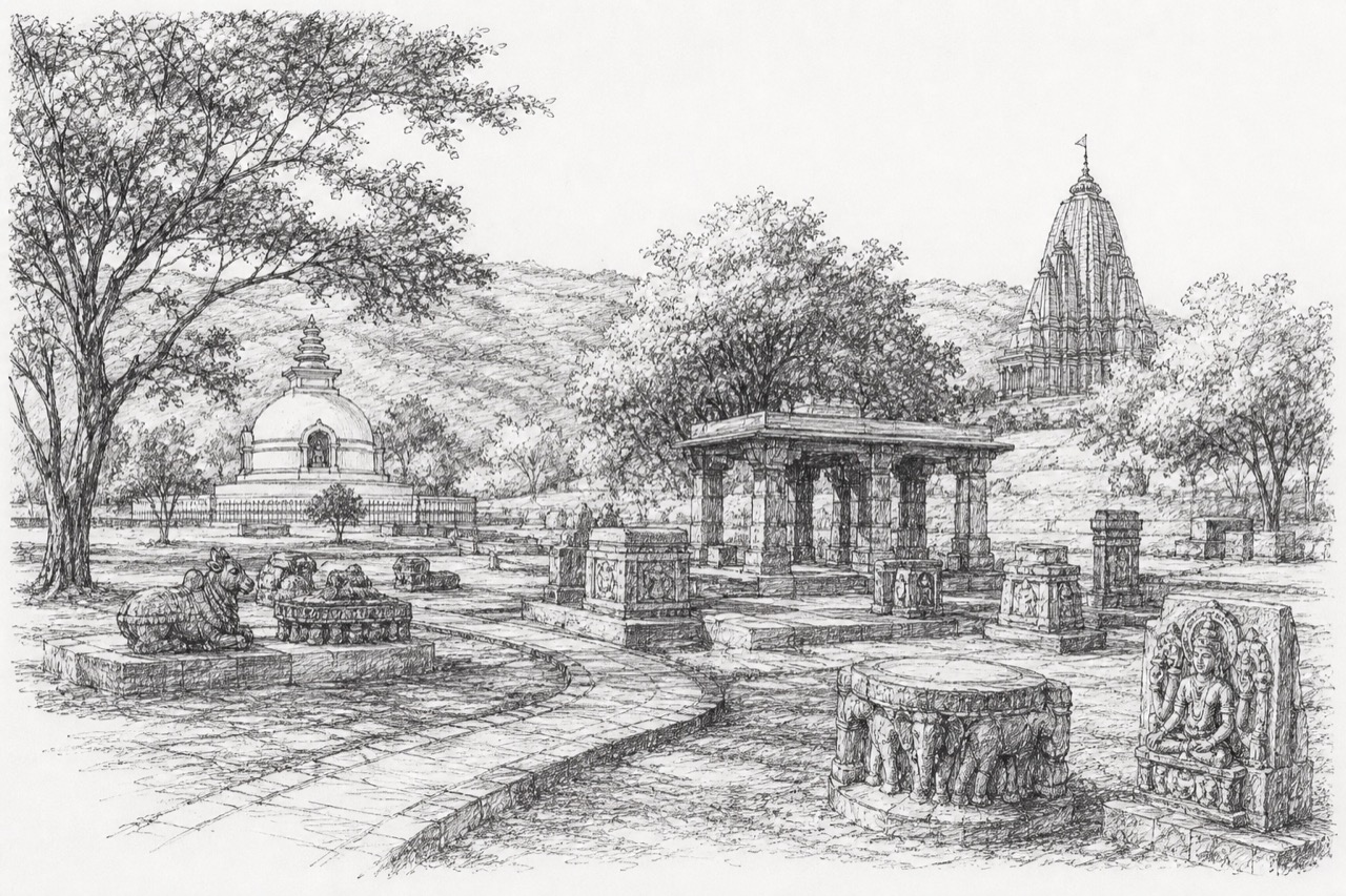 Hand-drawn pencil travel sketch for Shivpuri area