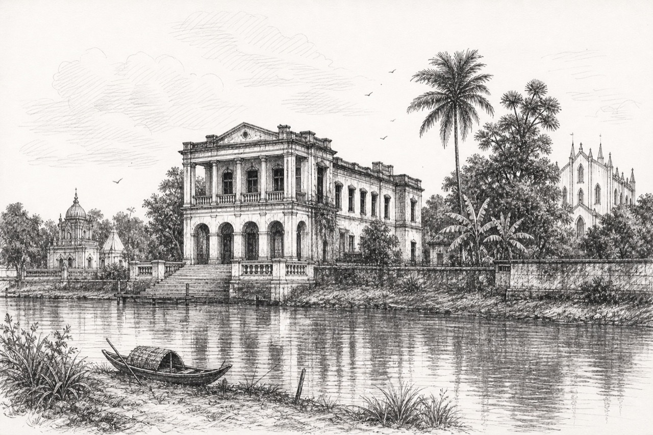 Hand-drawn pencil travel sketch for Shyamnagar