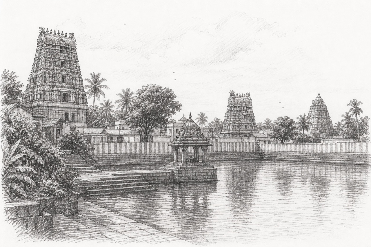 Hand-drawn pencil travel sketch for Sīrkāzhi