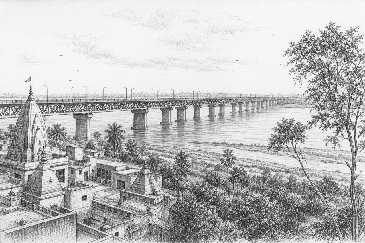 Hand-drawn pencil travel sketch for Sonepur