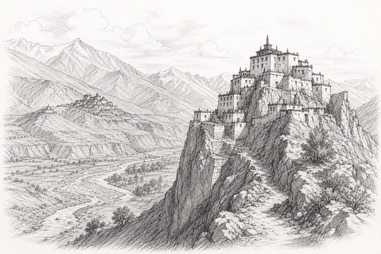 Hand-drawn pencil travel sketch for Spiti area