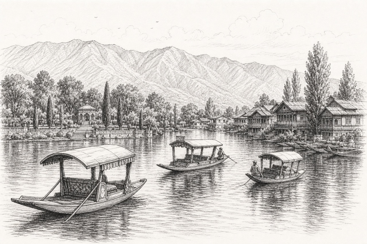 Hand-drawn pencil travel sketch for Srinagar