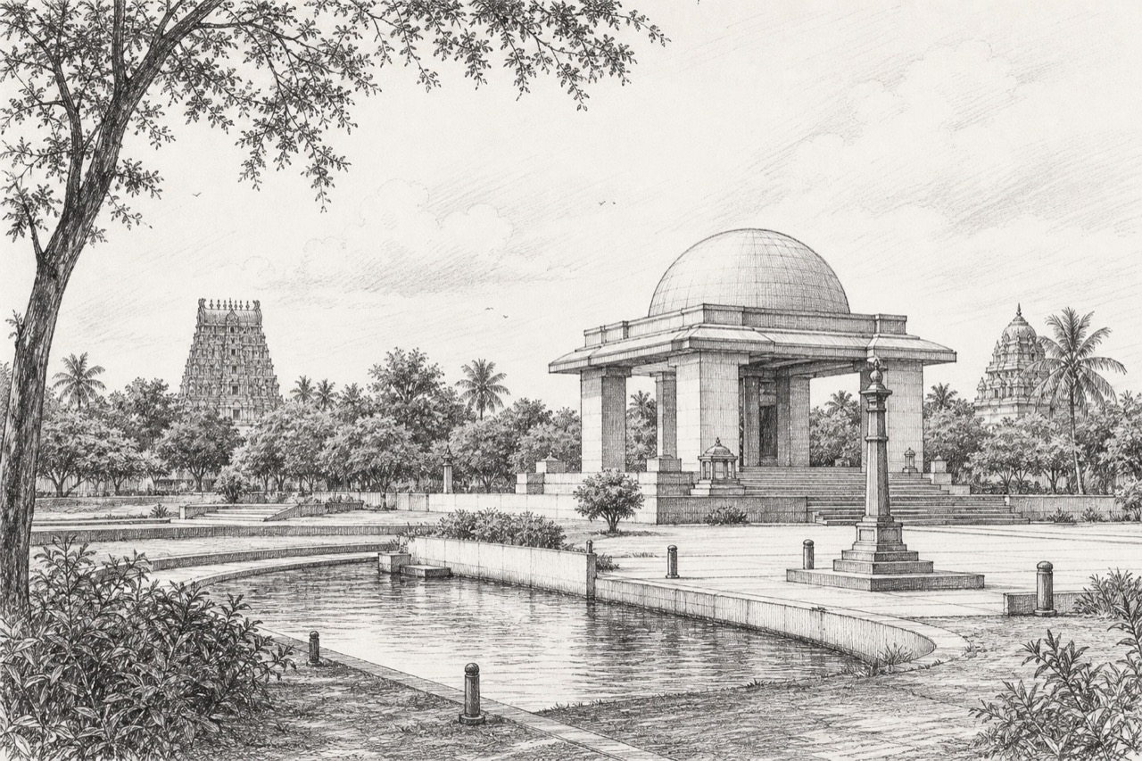 Hand-drawn pencil travel sketch for Srīperumbūdūr