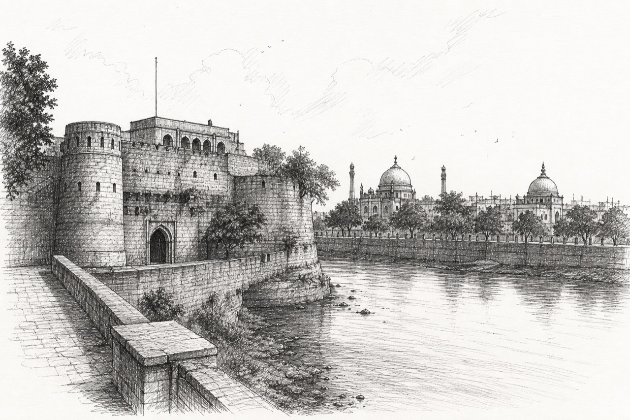 Hand-drawn pencil travel sketch for Surat