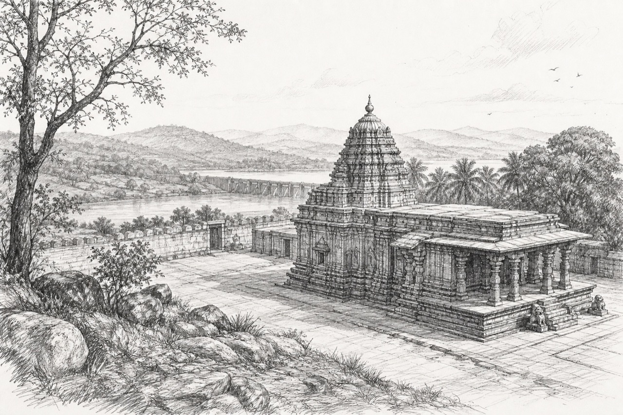 Hand-drawn pencil travel sketch for Tarikere