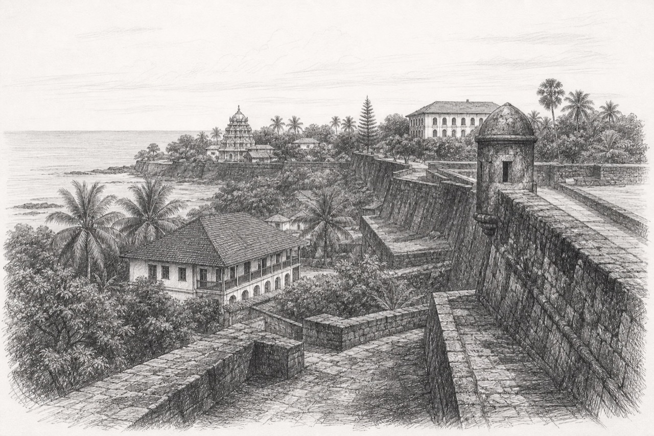 Hand-drawn pencil travel sketch for Tellicherry