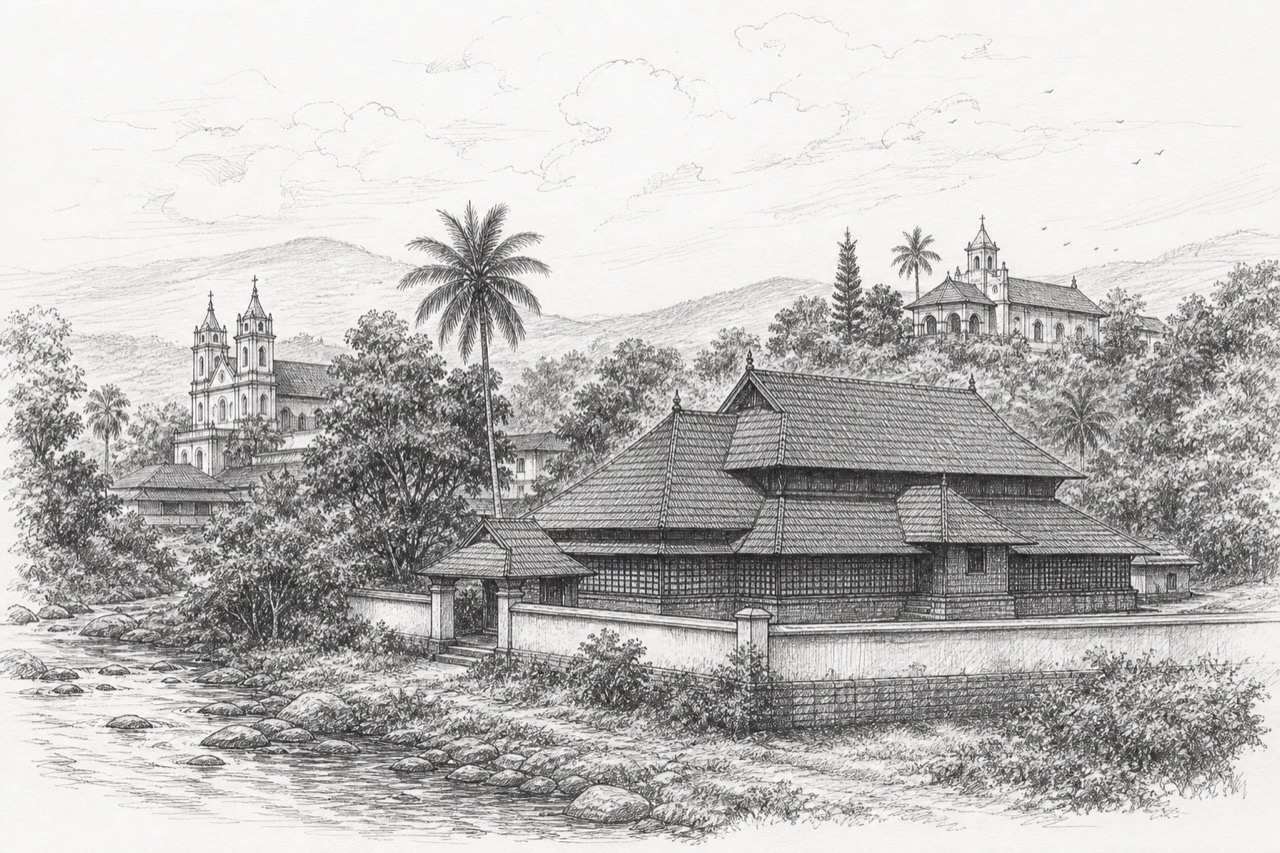 Hand-drawn pencil travel sketch for Thamarassery area