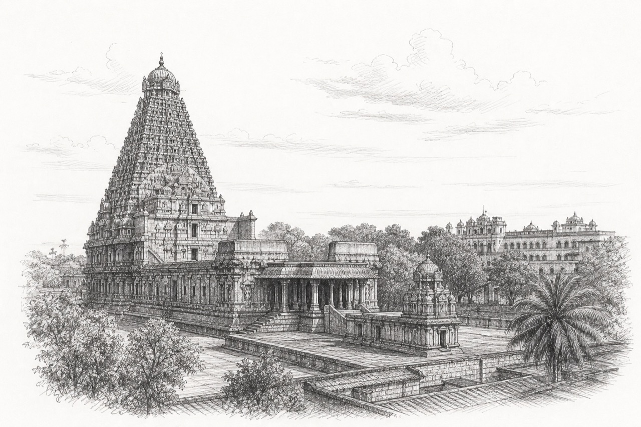 Hand-drawn pencil travel sketch for Thanjavur