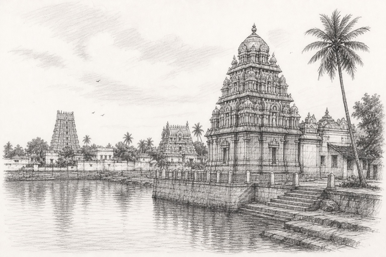 Hand-drawn pencil travel sketch for Thiruvarur