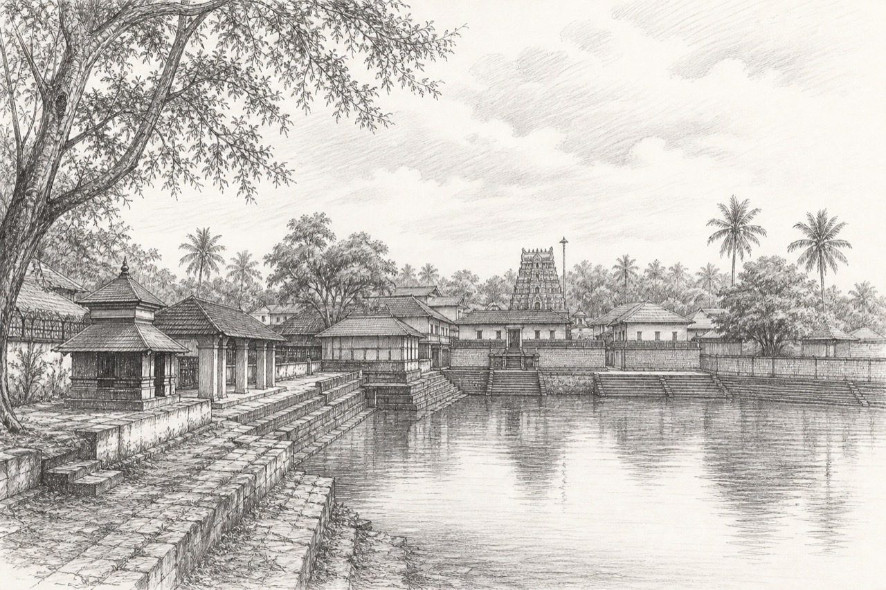 Hand-drawn pencil travel sketch for Thodupuzha