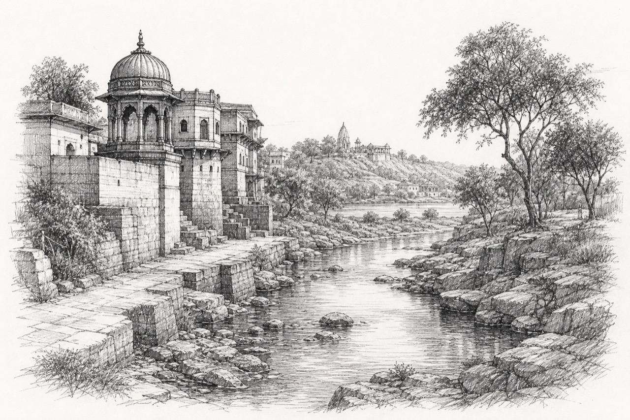 Hand-drawn pencil travel sketch for Tīkamgarh