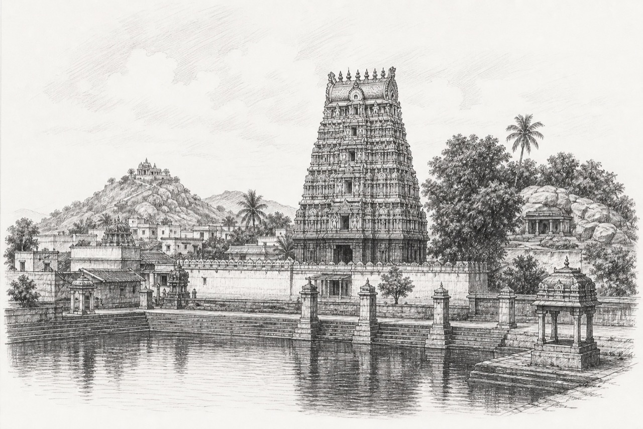 Hand-drawn pencil travel sketch for Tindivanam