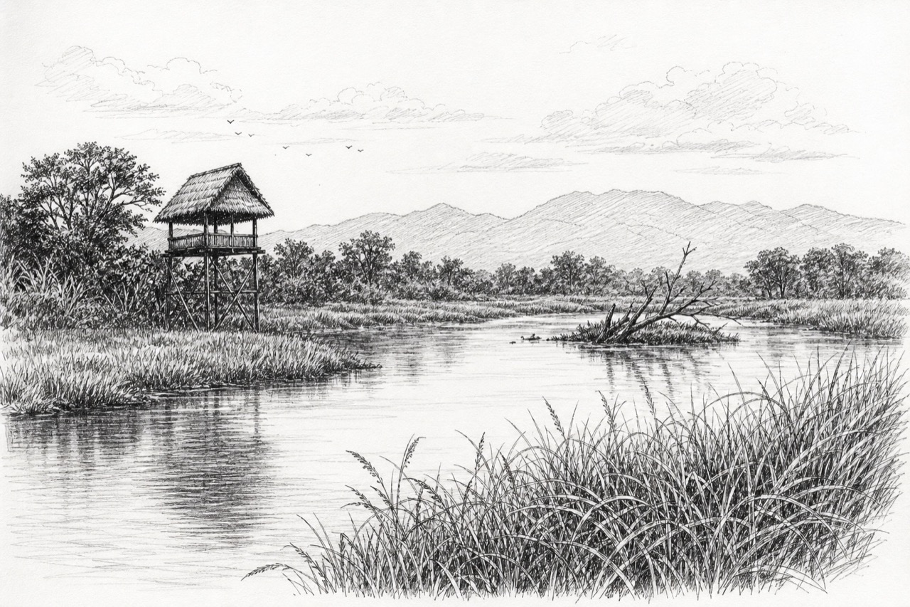 Hand-drawn pencil travel sketch for Tinsukia