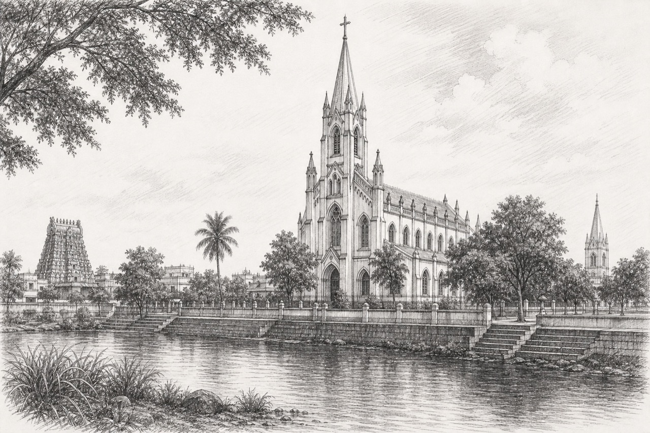 Hand-drawn pencil travel sketch for Tirunelveli