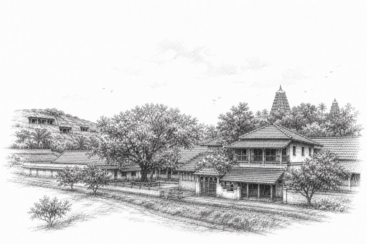 Hand-drawn pencil travel sketch for Tirupporūr, India