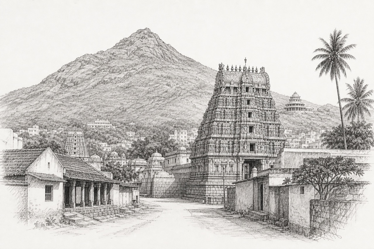 Hand-drawn pencil travel sketch for Tiruvannamalai