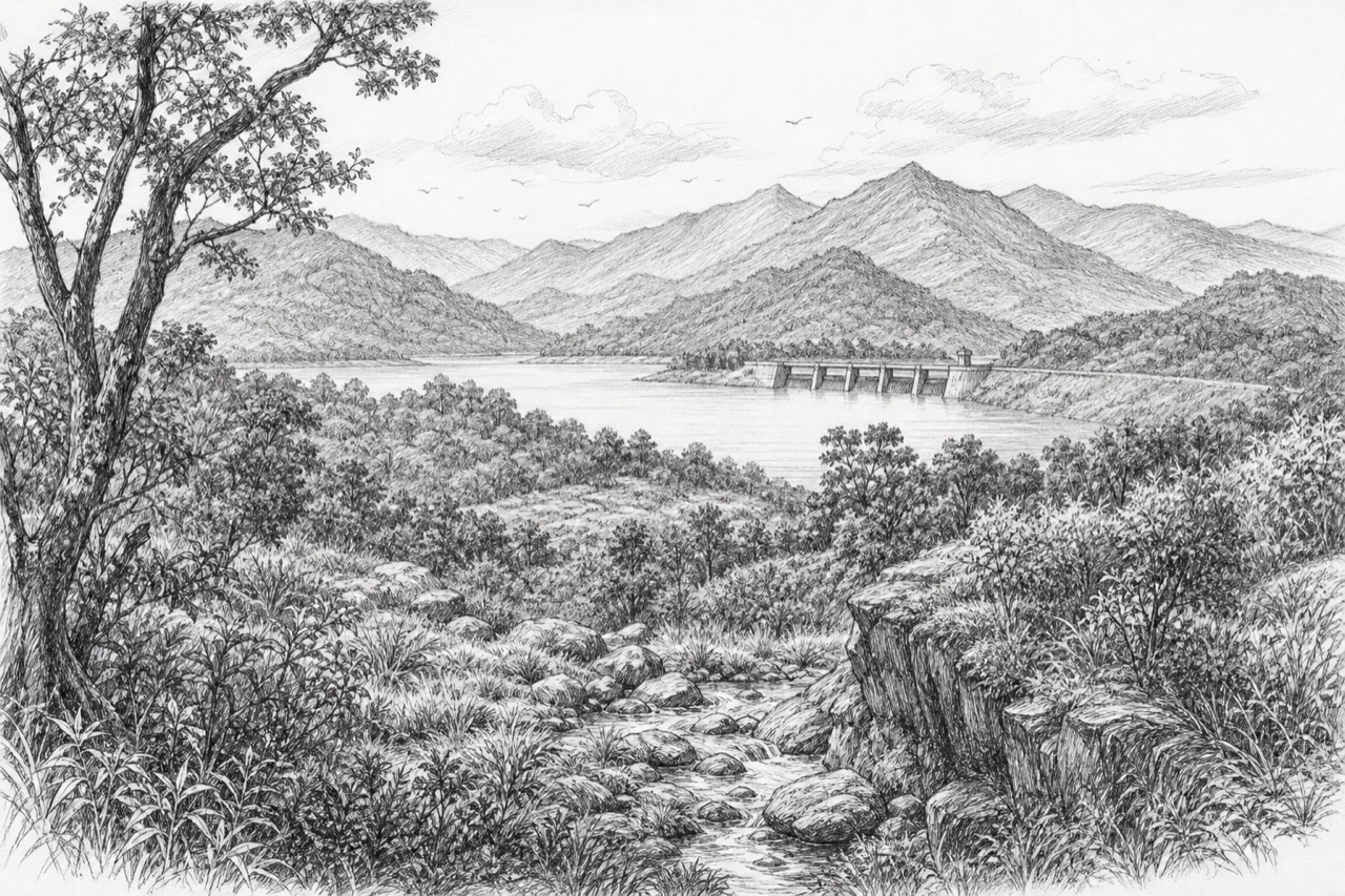 Hand-drawn pencil travel sketch for Udumalaippettai
