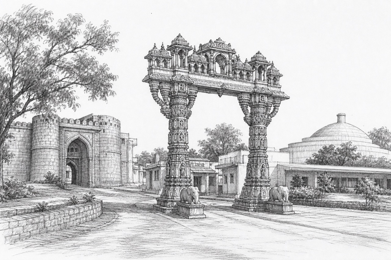 Hand-drawn pencil travel sketch for Vadnagar