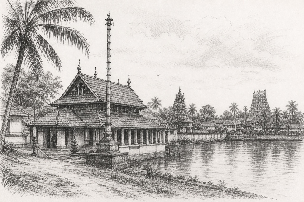 Hand-drawn pencil travel sketch for Vaikam