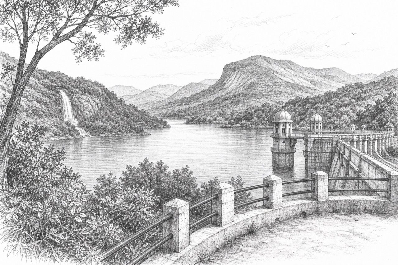 Hand-drawn pencil travel sketch for Valparai