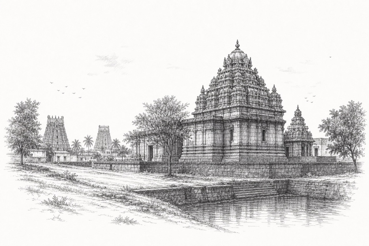 Hand-drawn pencil travel sketch for Vandavāsi, India