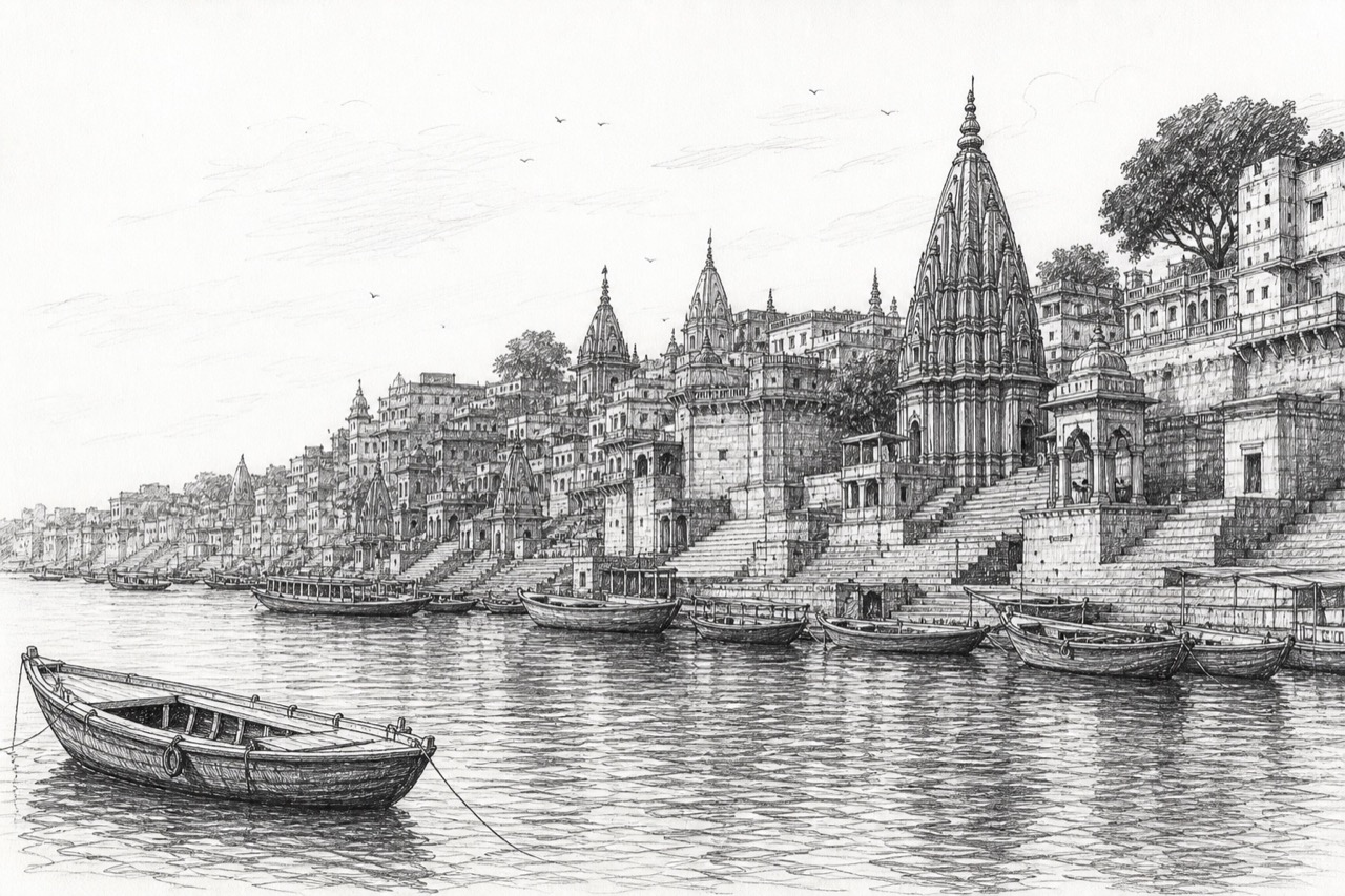 Hand-drawn pencil travel sketch for Varanasi
