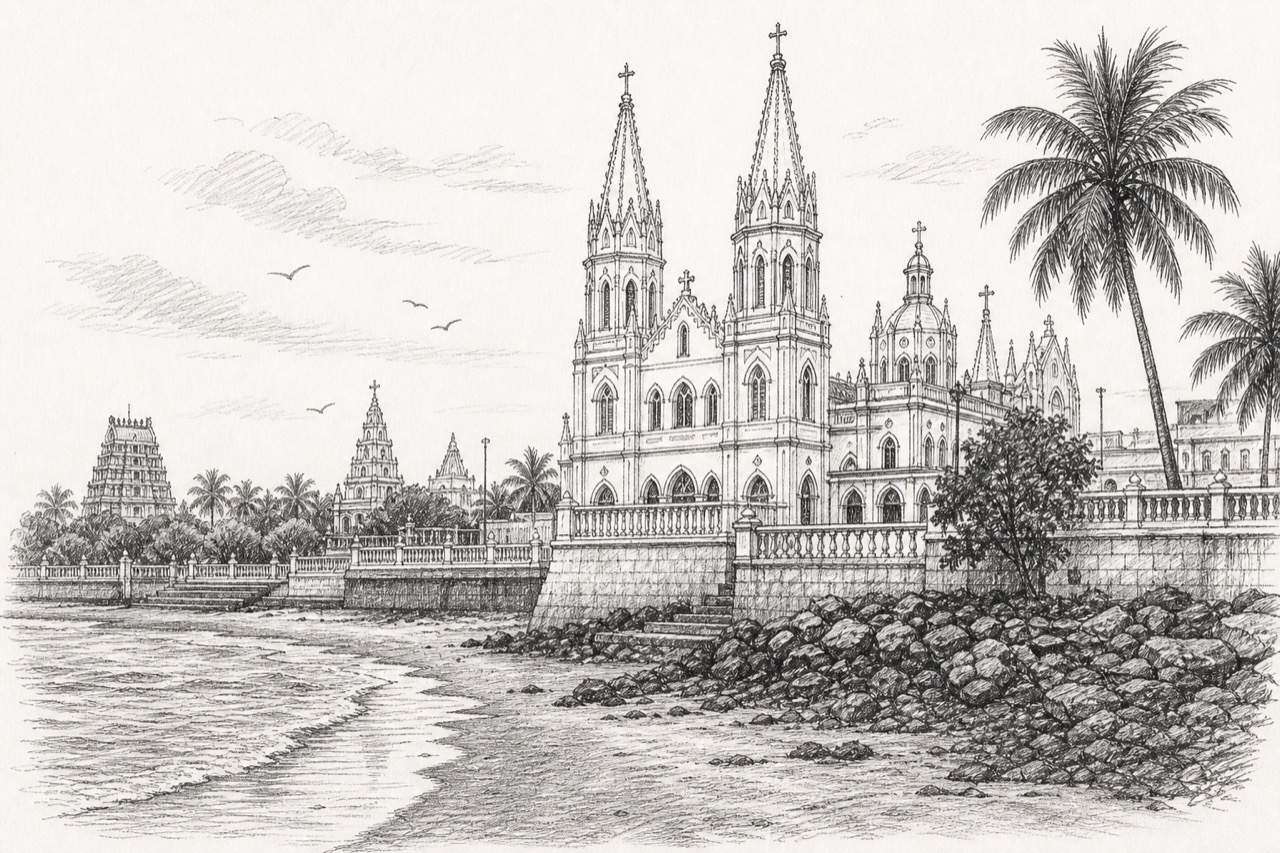 Hand-drawn pencil travel sketch for Velankanni