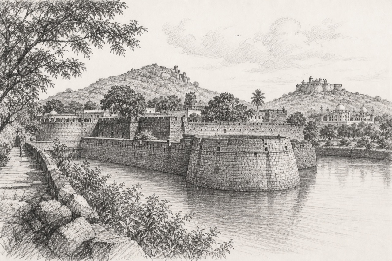 Hand-drawn pencil travel sketch for Vellore