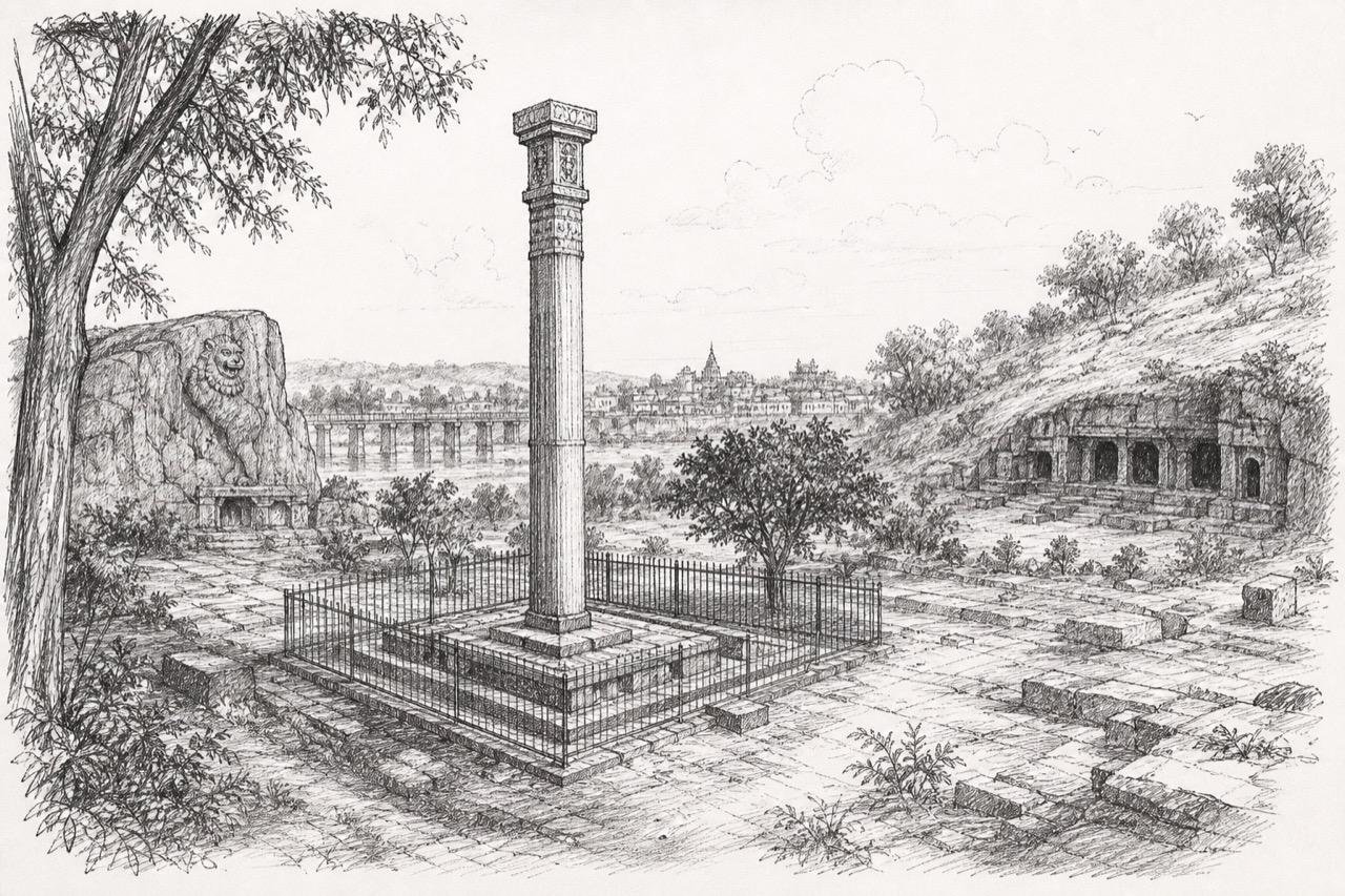 Hand-drawn pencil travel sketch for Vidisha