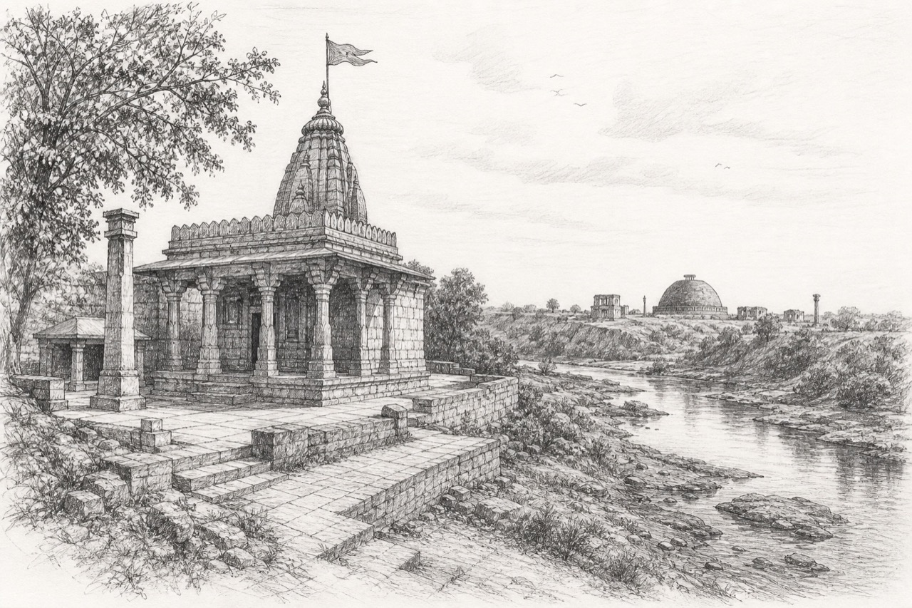 Hand-drawn pencil travel sketch for Vidisha area