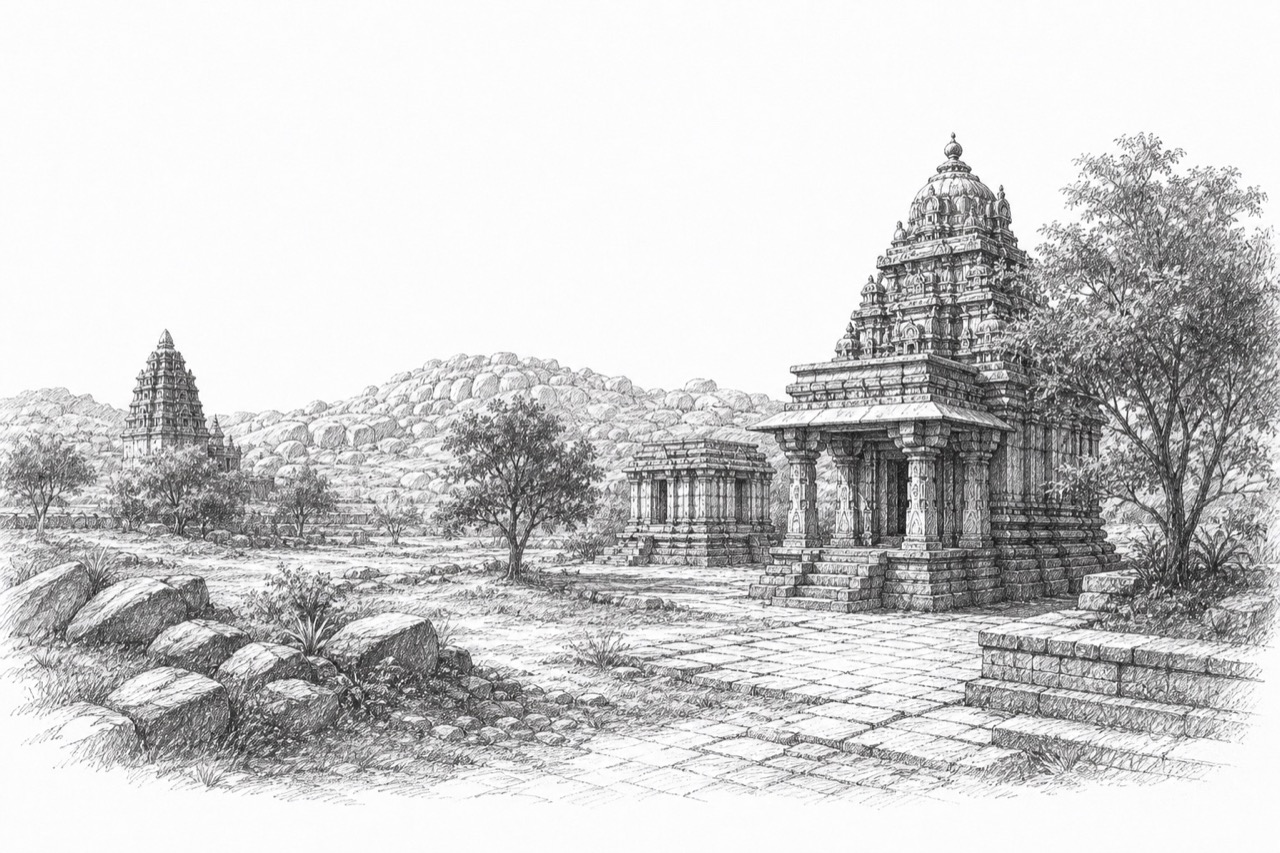 Hand-drawn pencil travel sketch for Vijayanagar, India