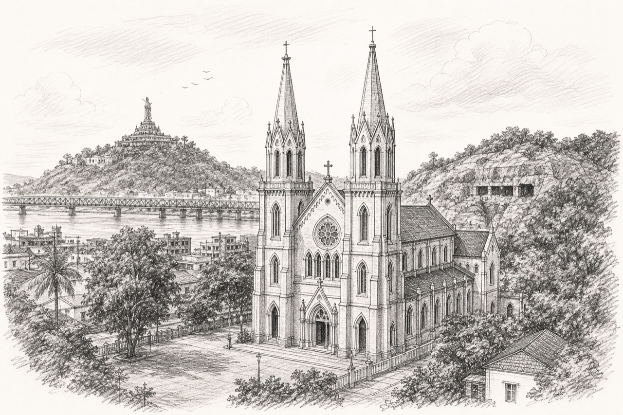 Hand-drawn pencil travel sketch for Vijayawada