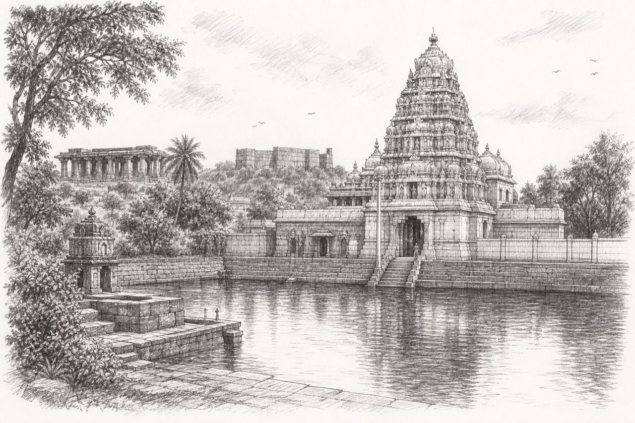 Hand-drawn pencil travel sketch for Warangal