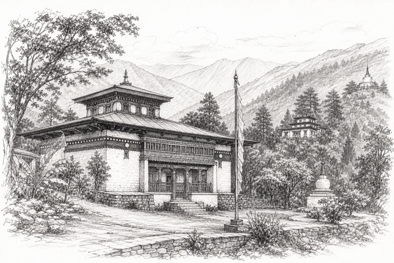 Hand-drawn pencil travel sketch for Yuksom area