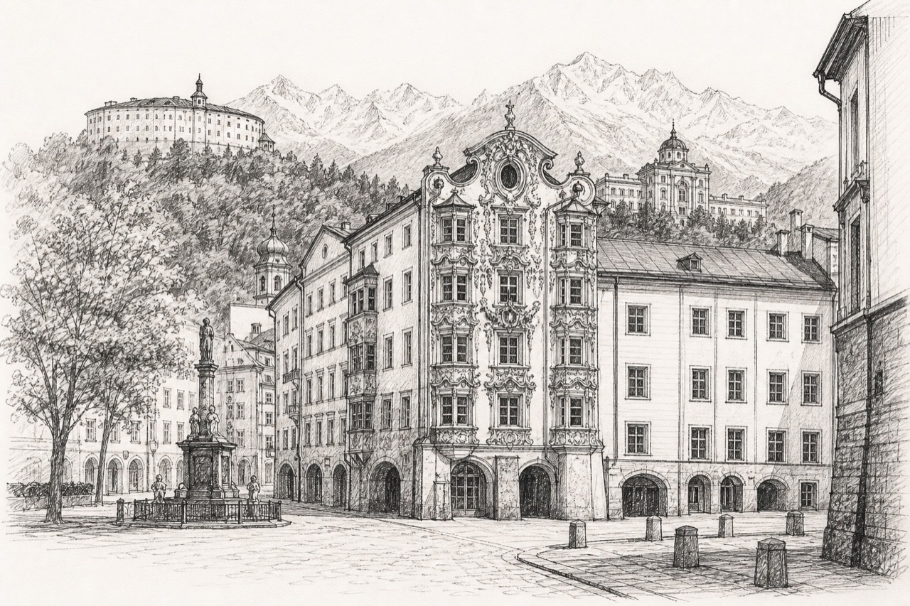 Hand-drawn pencil travel sketch for Innsbruck, Austria