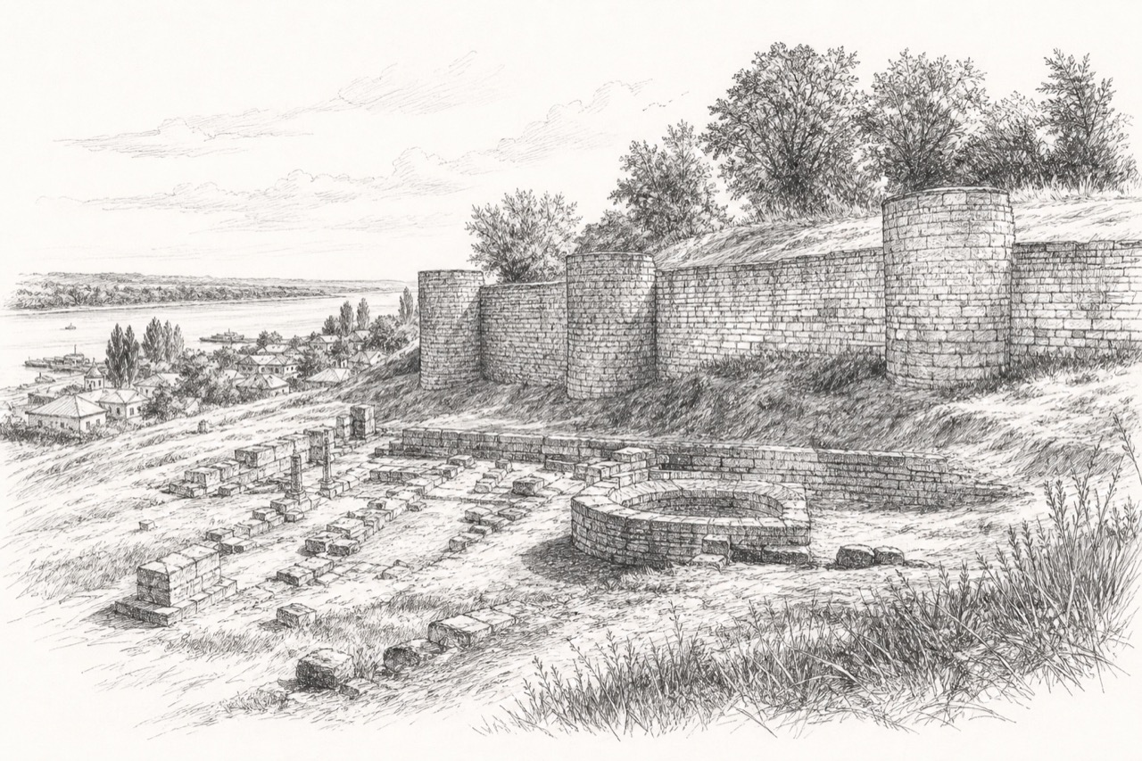 Hand-drawn pencil travel sketch for Isaccea, Romania