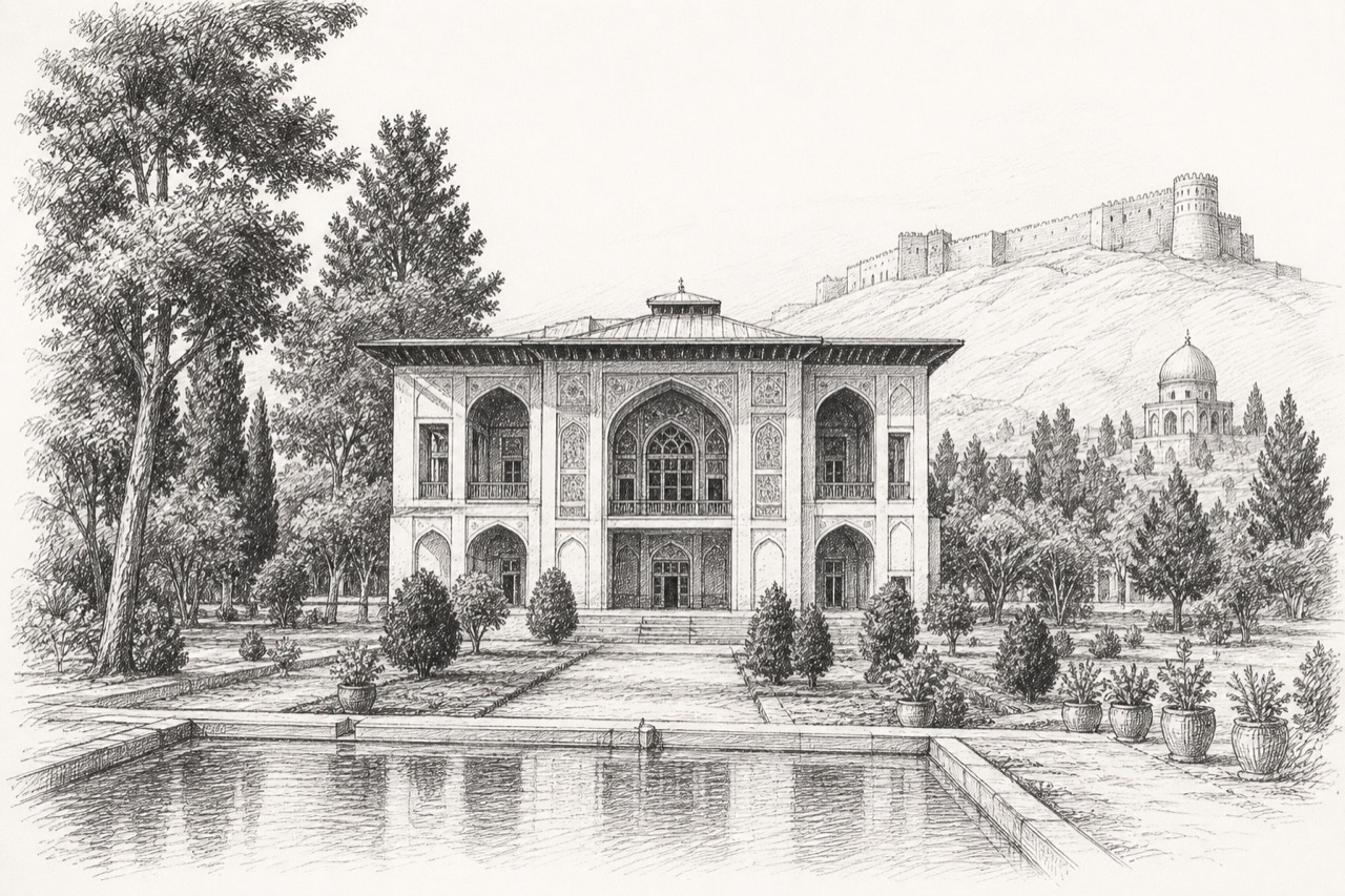 Hand-drawn pencil travel sketch for Isfahan, Iran