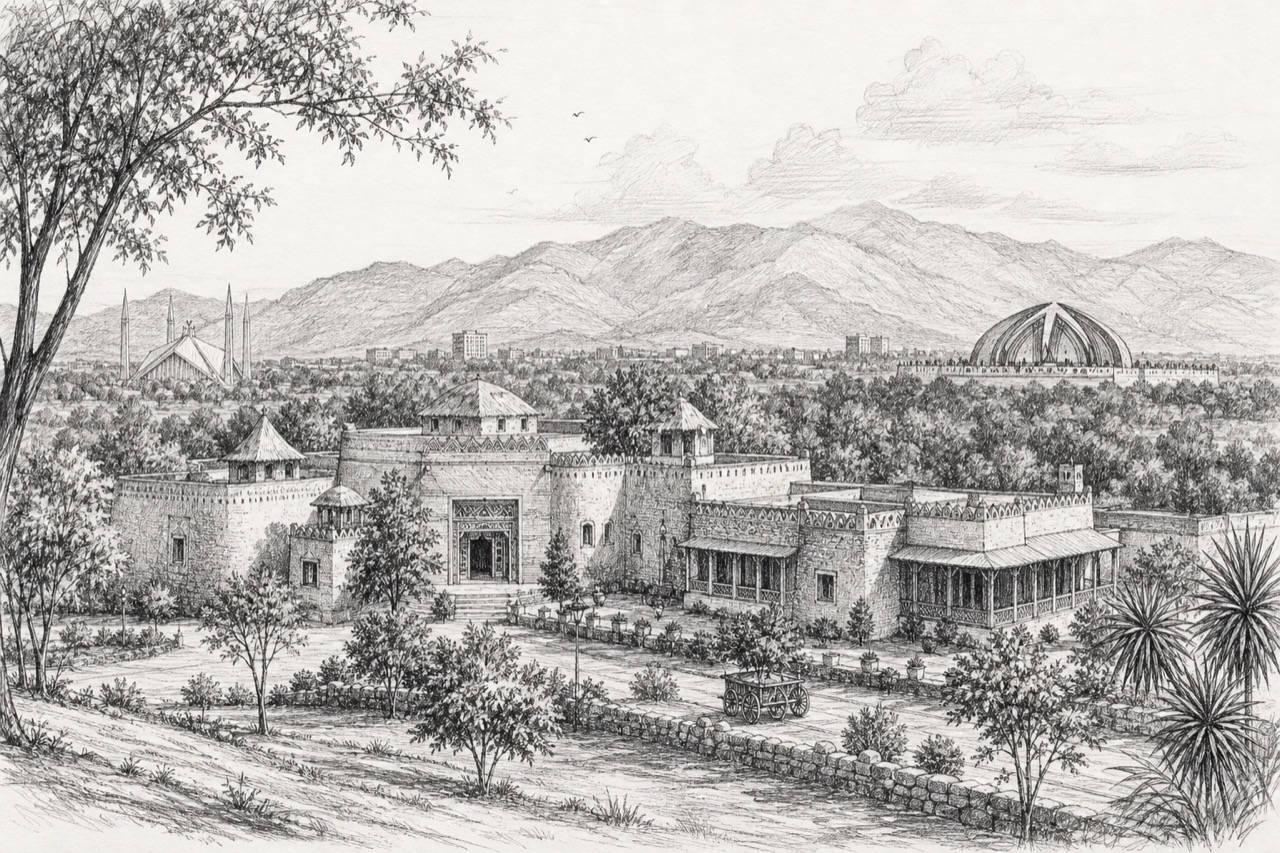 Hand-drawn pencil travel sketch for Islamabad, Pakistan