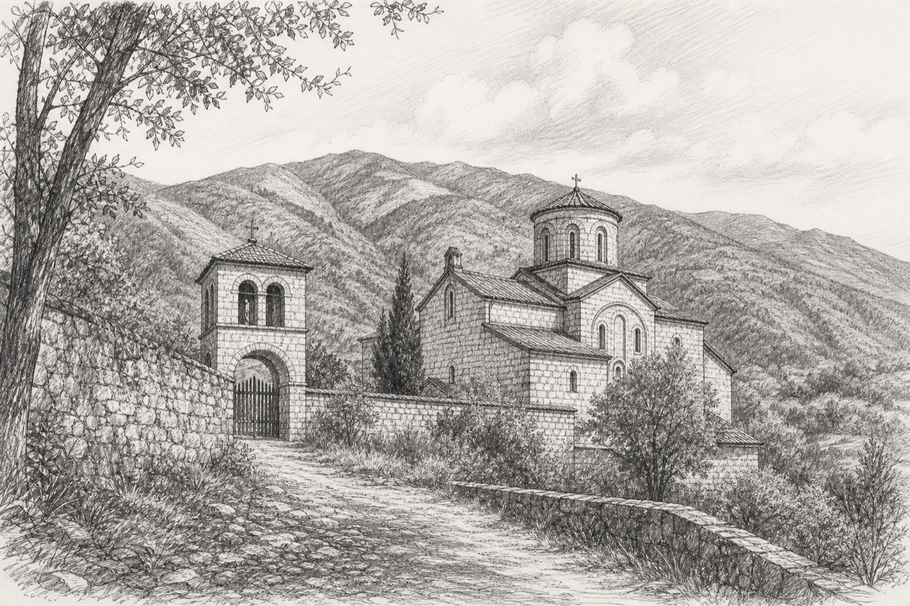 Hand-drawn pencil travel sketch for Istog, Kosovo
