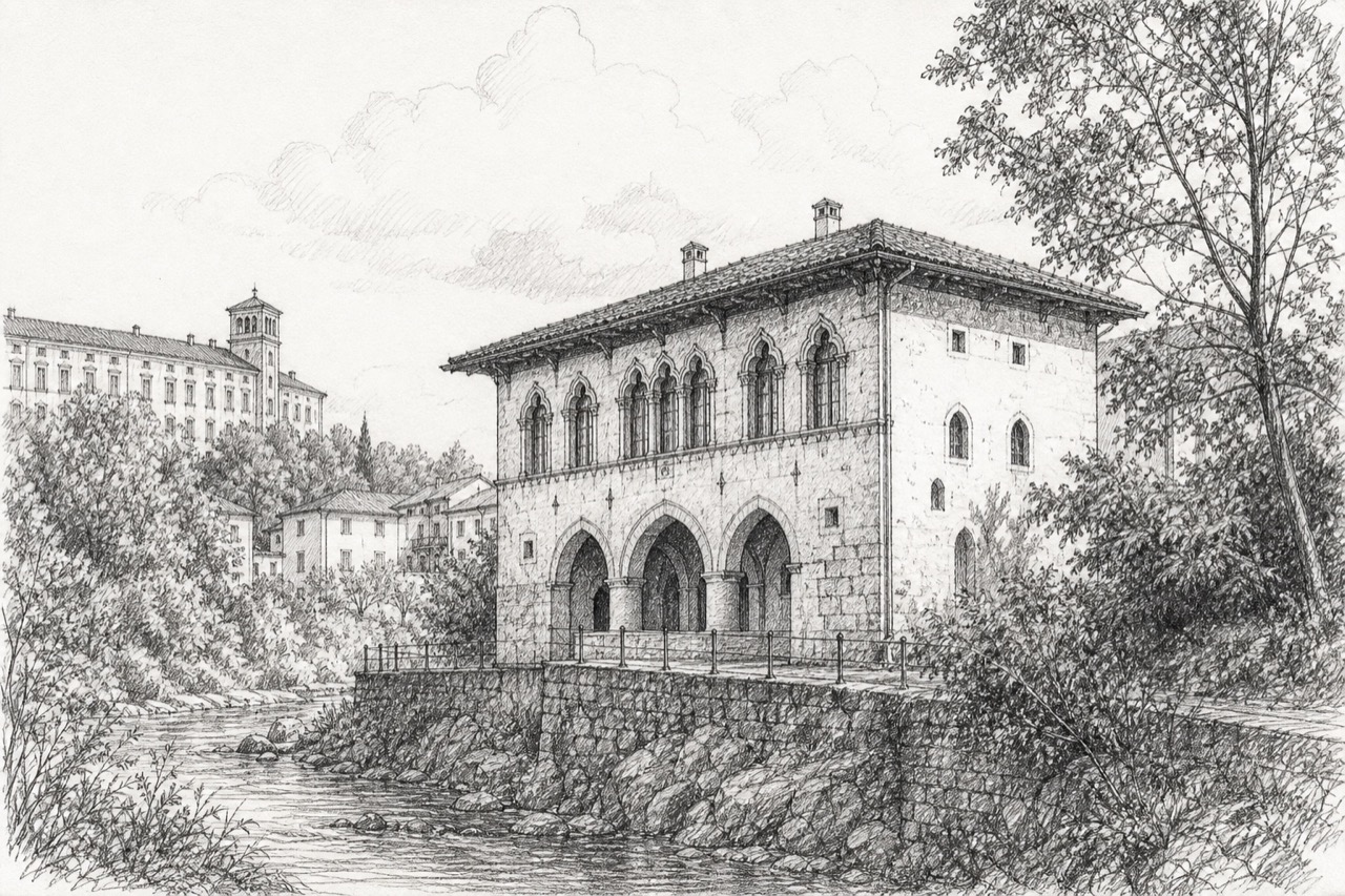 Hand-drawn pencil travel sketch for Ivrea, Italy