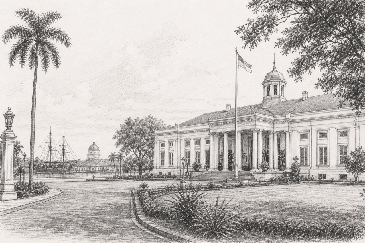 Hand-drawn pencil travel sketch for Jakarta, Indonesia