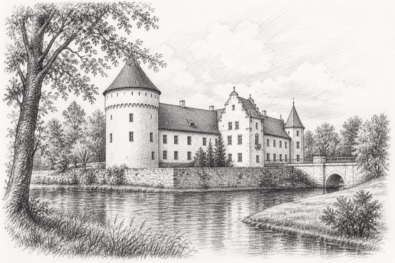 Hand-drawn pencil travel sketch for Jaunpils, Latvia