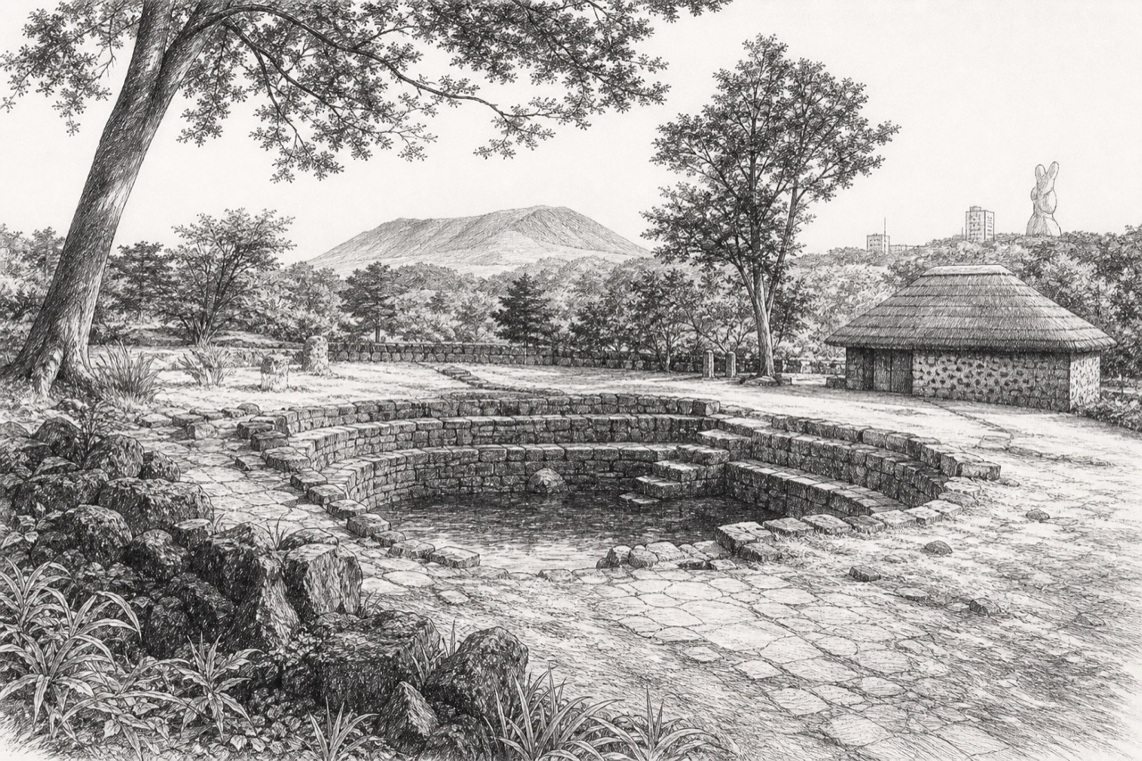 Hand-drawn pencil travel sketch for Jeju, South Korea