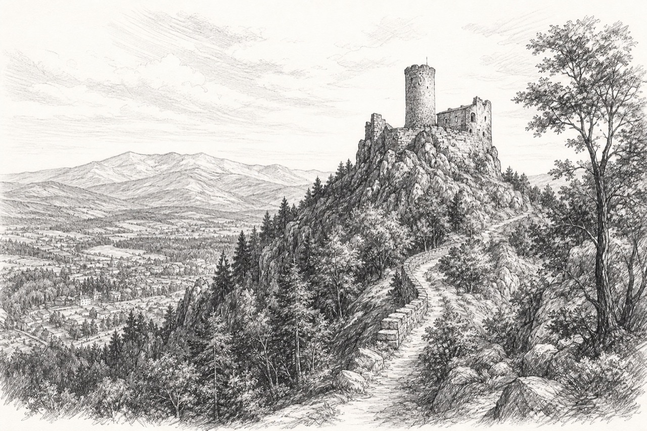 Hand-drawn pencil travel sketch for Jelenia Góra, Poland