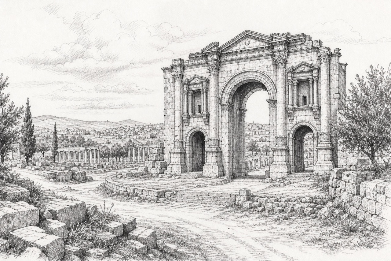 Hand-drawn pencil travel sketch for Jerash, Jordan
