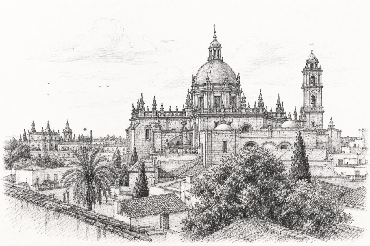 Hand-drawn pencil travel sketch for Jerez de la Frontera, Spain