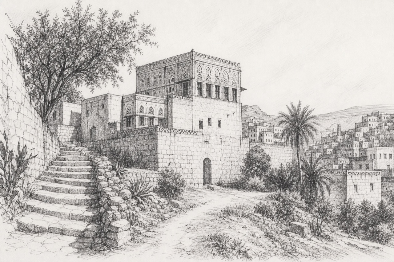 Hand-drawn pencil travel sketch for Jibla, Yemen